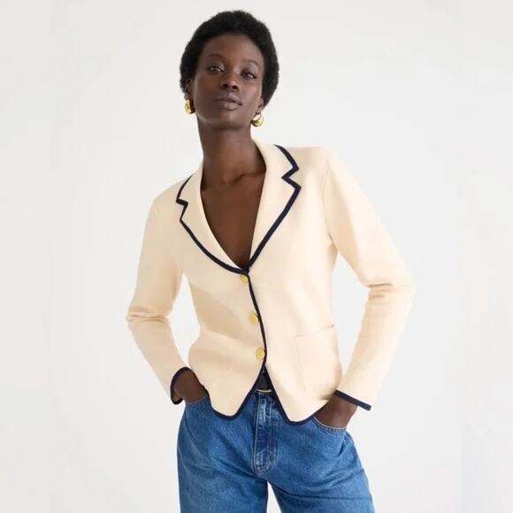 J.Crew Tipped Sweater Blazer Ivory White XS Button Cardigan Sweater - Picture 1 of 9